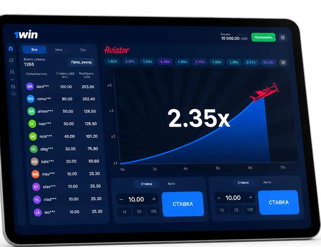 Интерфейс игры Авиатор в 1win: график множителя, лента ставок и две панели с кнопками ставки