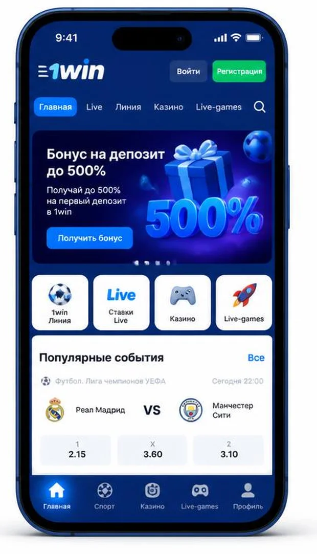Главный экран приложения 1win с разделами Линия, Live, Казино и купоном